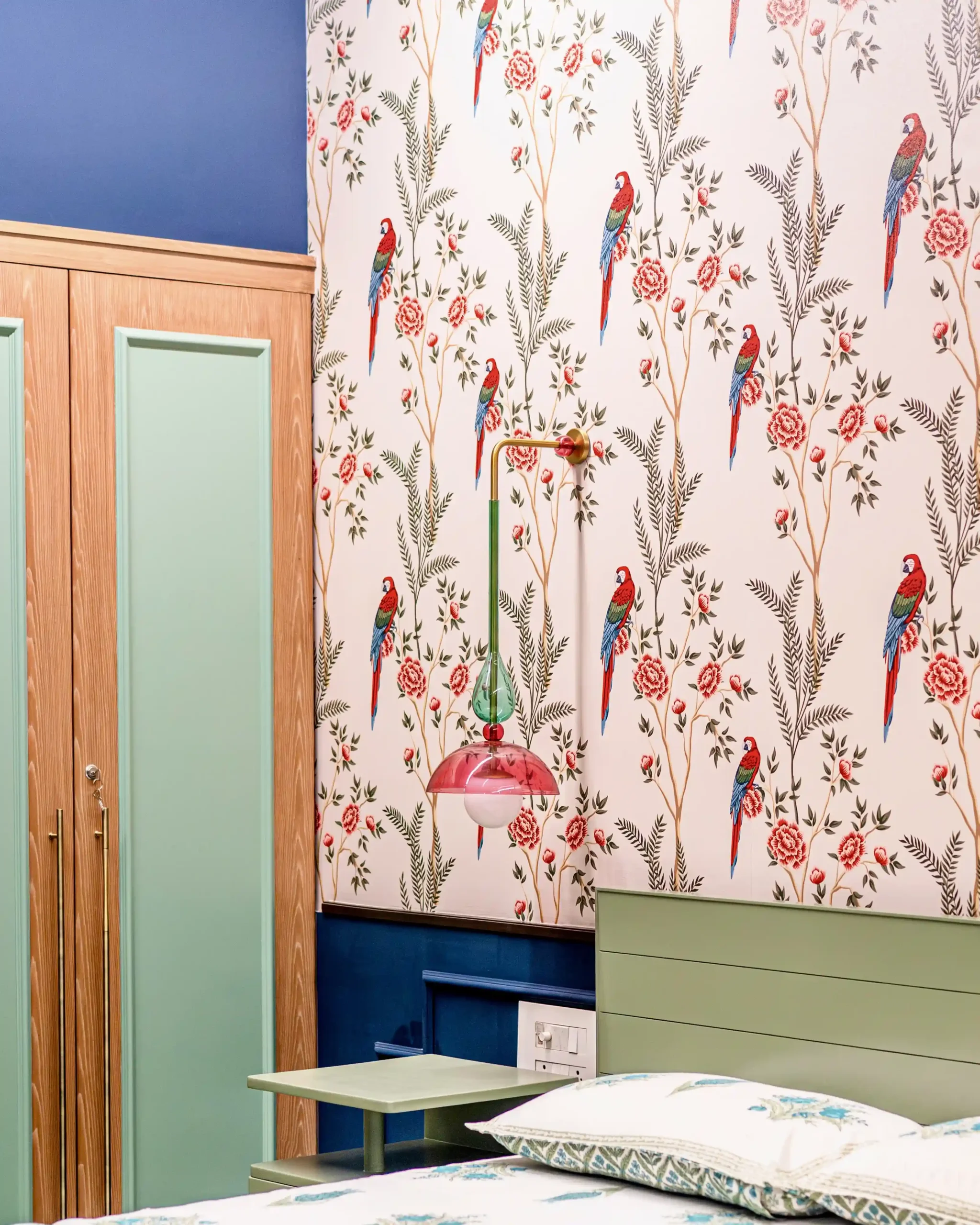 Floral wallpaper bedroom interior designed by Kaizen Atelier